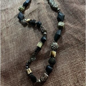 Black and white silver beaded and leopard print designed necklace.